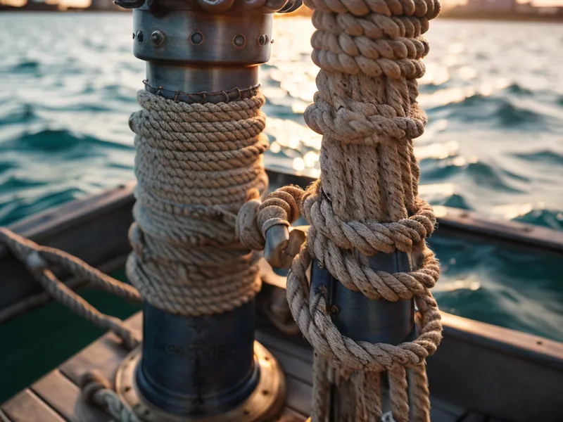 Eine Hand hält eine Festmacherleine 'auf Slip' um einen Poller, um das Sinken des Wasserstands auszugleichen.