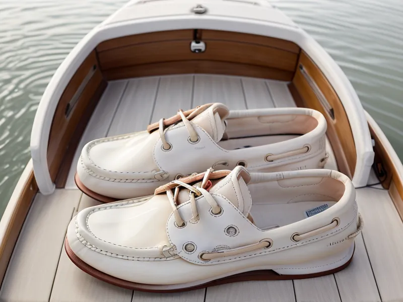 Helle Bootsschuhe auf einem weißen GFK-Deck eines Motorbootes.
