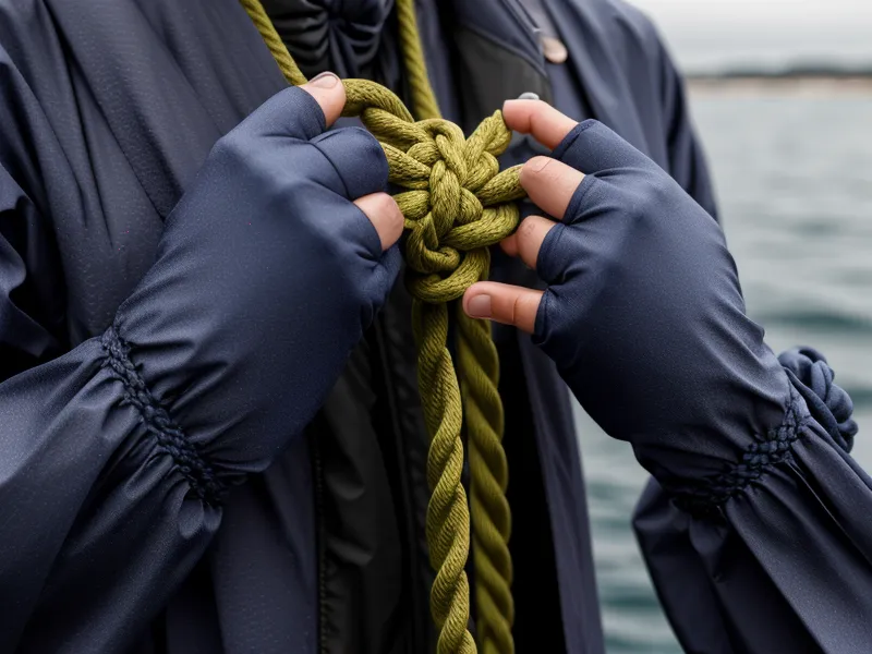 Hände in einer Regenjacke binden einen Palstek Knoten bei leichtem Regen.