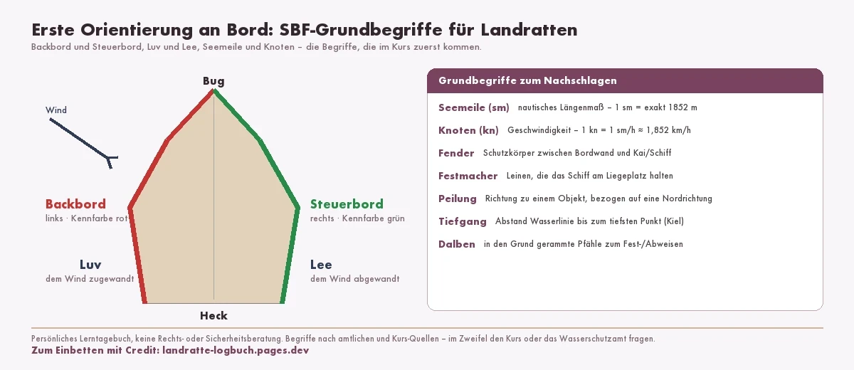 Orientierungs-Diagramm für SBF-Anfänger: ein Boot von oben mit Bug (vorn) und Heck (hinten); Backbord ist die in Fahrtrichtung linke Seite mit der Kennfarbe Rot, Steuerbord die rechte Seite mit der Kennfarbe Grün; ein Windpfeil zeigt Luv (dem Wind zugewandte Seite) und Lee (dem Wind abgewandte Seite). Dazu ein Kasten mit Grundbegriffen: Seemeile (1 sm = 1852 m), Knoten (1 kn = 1 Seemeile pro Stunde ≈ 1,852 km/h), Fender, Festmacher, Peilung, Tiefgang und Dalben mit kurzen Definitionen